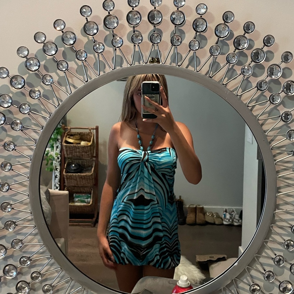 y2k style blue halter mini dress